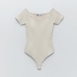 ZARA beige square neck knit bodysuit szS